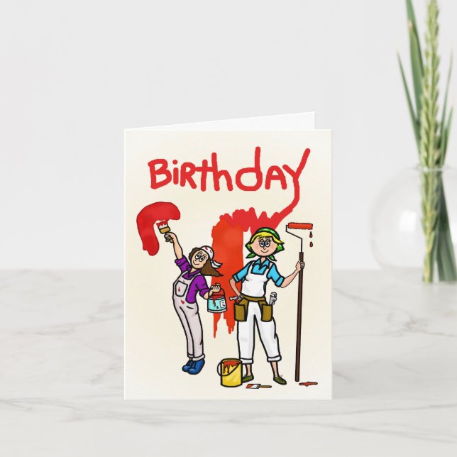Female Painters with Red Paint Birthday Card (Front)