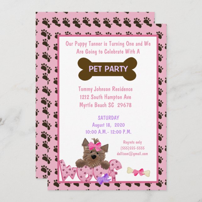 Female Pet Birthday Party Invitation (Front/Back)