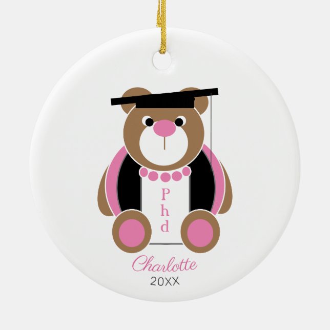 Female phd cute teddy bear doctorate graduation ceramic tree decoration (Back)