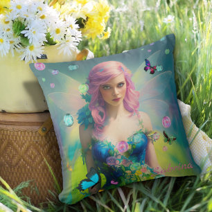 Female Pink Hair Fairy Portrait in Green Dress Cushion