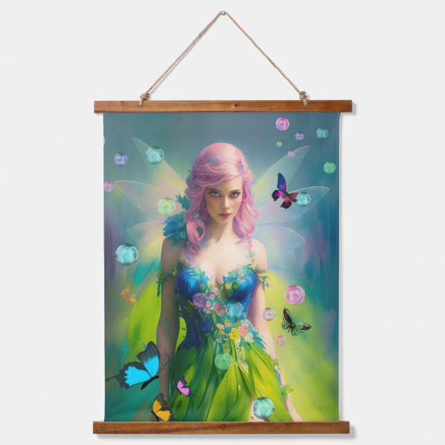 Female Pink Hair Fairy Portrait in Green Dress Hanging Tapestry (Front)