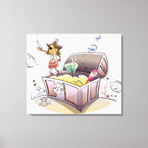 Female pirate standing on a treasure chest canvas print
