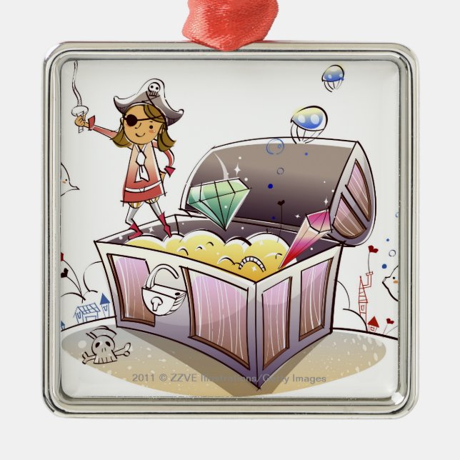 Female pirate standing on a treasure chest metal tree decoration (Front)