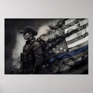 Female Police Tribute Blue Line American Flag LEO Poster