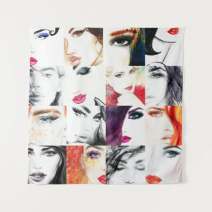 Female Portrait Collage Watercolor Illustration Tapestry