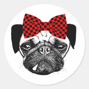 Female Pug Dog Red Checkers Bow Original pets Art Classic Round Sticker