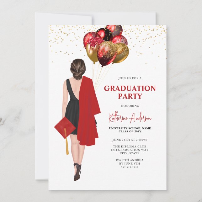 Female Red Graduation Party Invitation (Front)