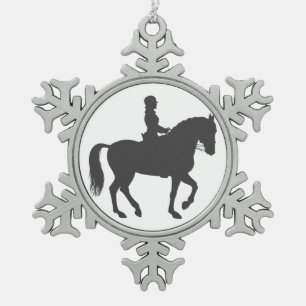 female riding horse  - Choose background color Snowflake Pewter Christmas Ornament