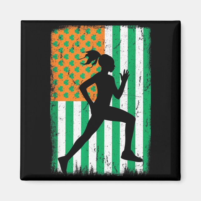 Female Runner Irish American Flag St Patrick's Day Magnet (Front)