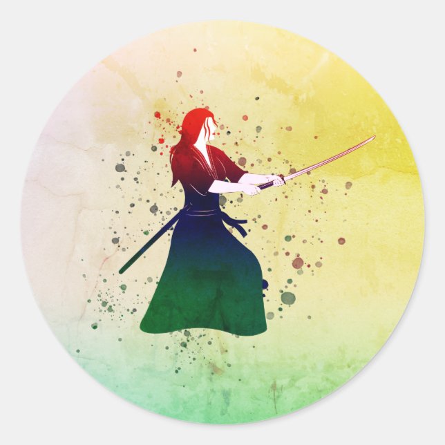Female Samurai Warrior with a Katana Classic Round Sticker (Front)