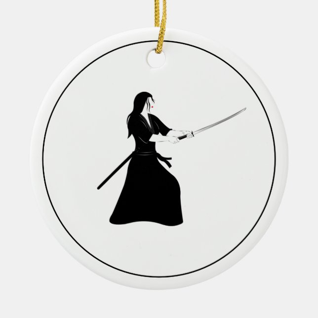 Female Samurai Warrior with Sword Ceramic Tree Decoration (Front)