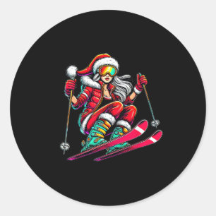 Female Santa Claus - Christmas Skiing  Classic Round Sticker