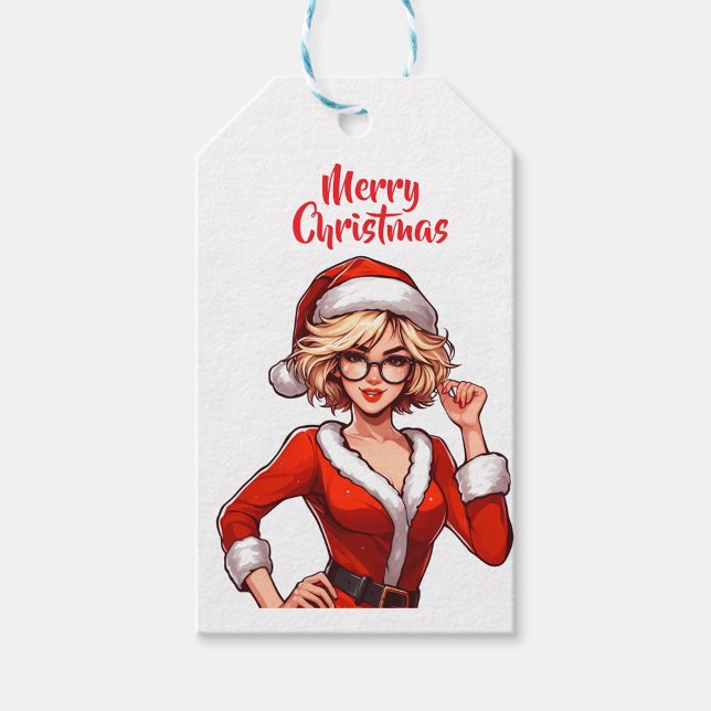 Female Santa  Gift Tags (Pretty blonde female big glasses ready for Christmas!)