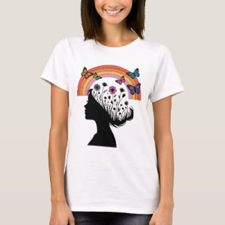 Female Silhouette Floral Rainbow Illustration T-Shirt
