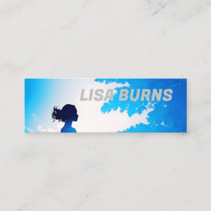 female silhouette with a soft blue background mini business card