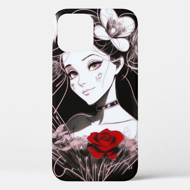 Female Sketch  Case-Mate iPhone Case (Illustration of a woman with black hair adorned with white flowers, and a red rose at the bottom.)
