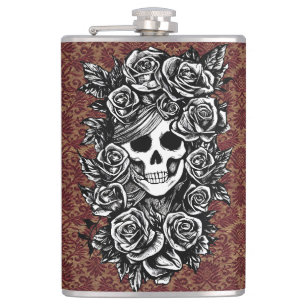 Female Skull Roses Day Of The Dead Art Hip Flask