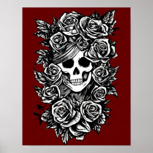 Female Skull Roses Goth Original ink drawing Art   Poster
