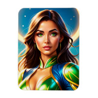 Female superhero portrait in emerald-and-gold armo