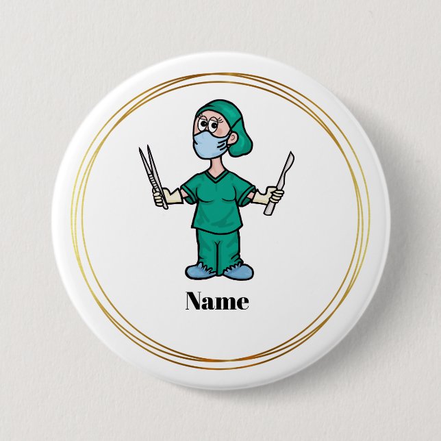 Female Surgeon with Tools Name Button (Front)