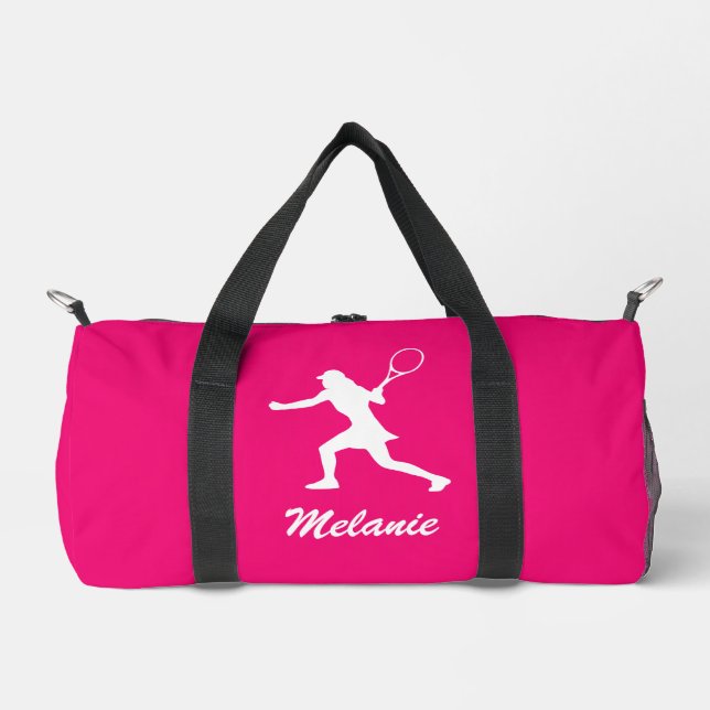 Female tennis player custom pink sports duffle bag (Front)