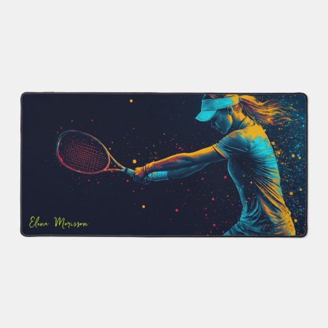 Female Tennis Player Hitting Ball Desk Mat (Front)