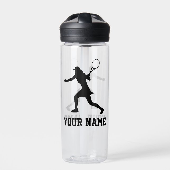 Female tennis player silhouette custom name pastic water bottle (Front)