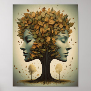 Female Tree Faces With Leaves Blowing Poster