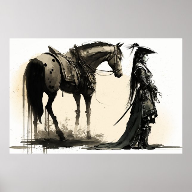 Female Warrior and Horse, Sketch Art, Ink Art Poster (Front)