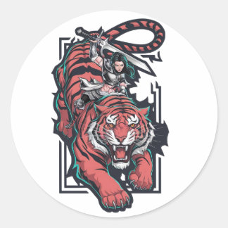 Female warrior atop a massive tiger classic round sticker