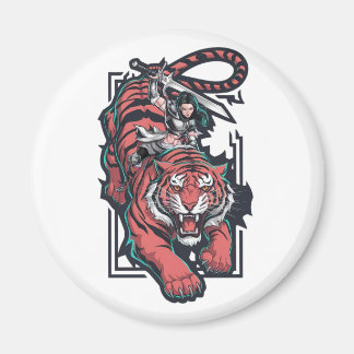 Female warrior atop a massive tiger magnet