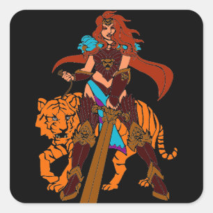 Female Warrior with Tiger and Sword Square Sticker