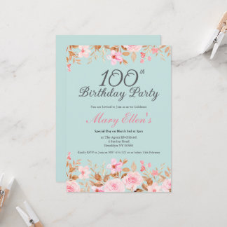 Feminine 100th Birthday Pink Rose Floral Party Invitation