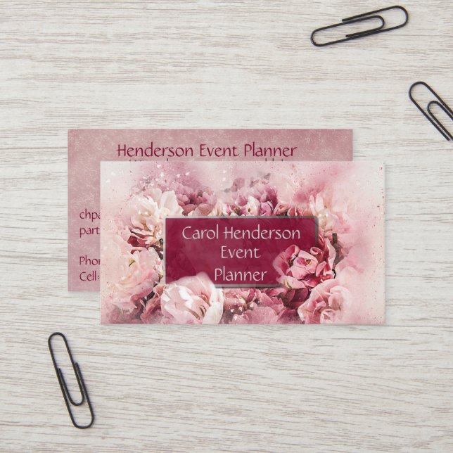 Feminine and  Elegant Floral Event Party Planner Business Card (Front/Back In Situ)