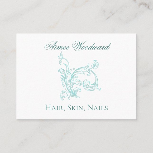 Feminine Baroque Embellished Aqua and White Business Card (Front)