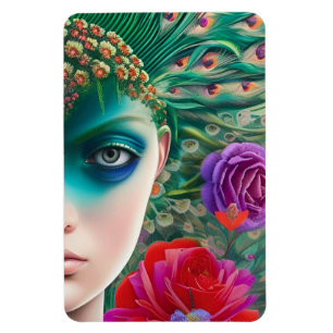 Feminine beauty Teal feathers headdress Magnet