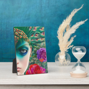 Feminine beauty Teal feathers headdress Plaque