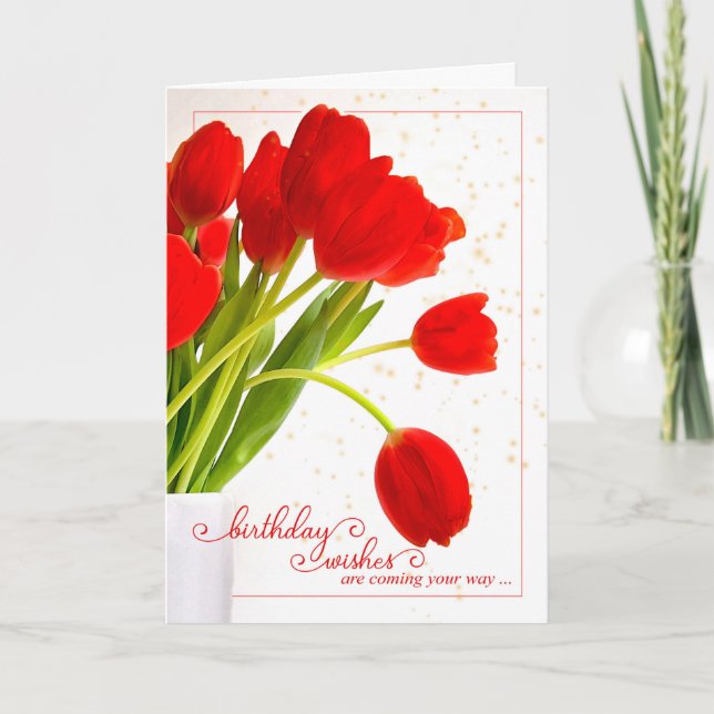 Feminine Birthday Wishes Red Tulips in a Vase Card (Front)