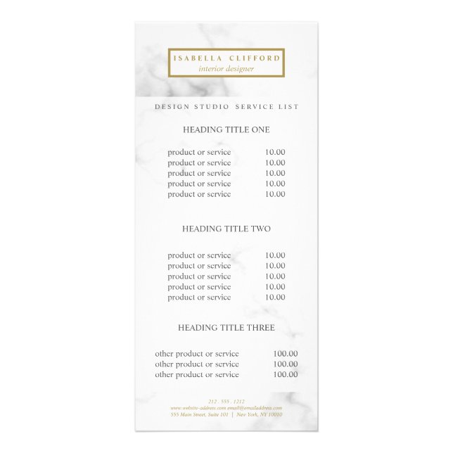 Feminine black and white marble  Pricing & Service Rack Card (Front)