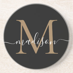 Feminine Black Gold Monogram Script Elegant Modern Coaster