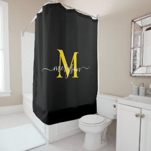 Feminine Black Gold Script, Elegant Monogram Name Shower Curtain