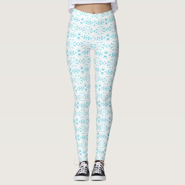 Feminine Blue and a White Lace Deco Pattern Leggings (Front)