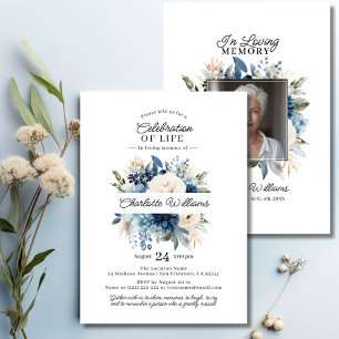 Feminine Blue Flowers Celebration of Life   PHOTO Invitation