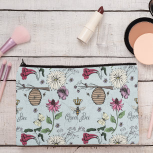 Feminine Blue Queen Bee & Gold Crown Accessory Pouch