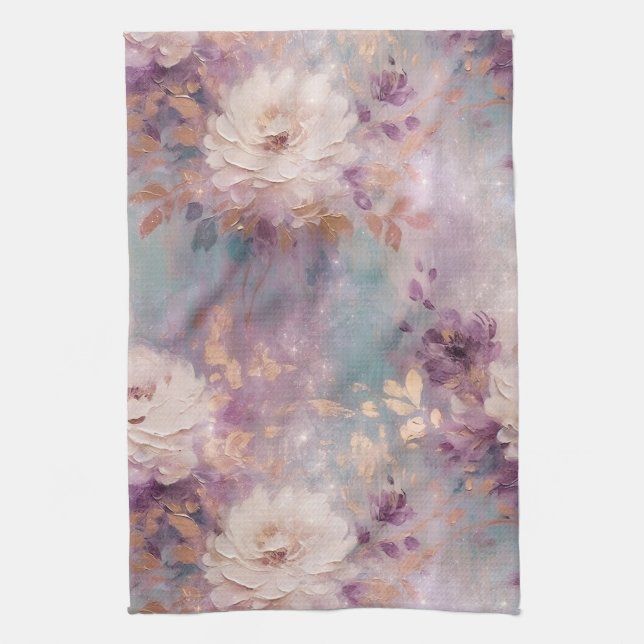 Feminine Blue White Gold Purple Floral Tea Towel (Vertical)