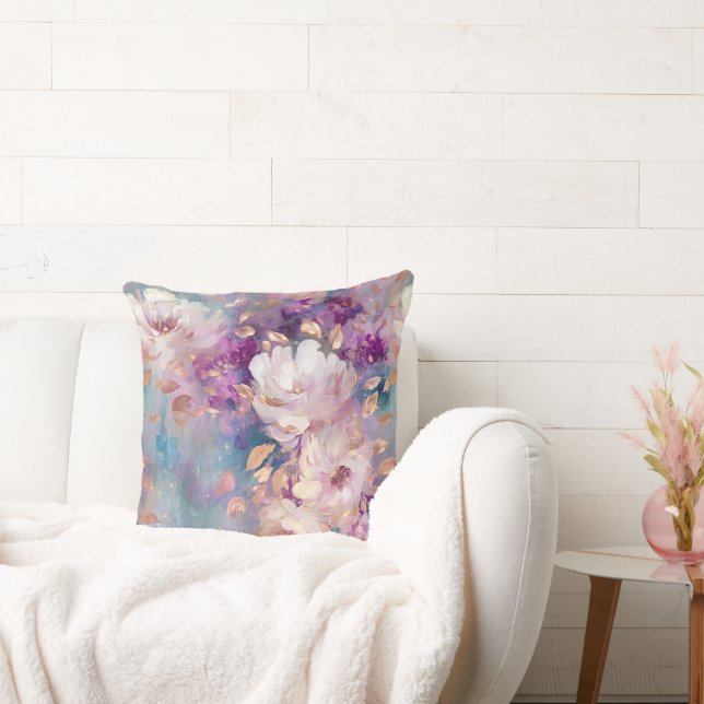 Feminine Blue White Gold Purple Flowers Cushion (Couch)