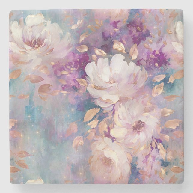 Feminine Blue White Gold Purple Flowers Stone Coaster (Front)