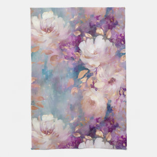 Feminine Blue White Gold Purple Flowers Tea Towel
