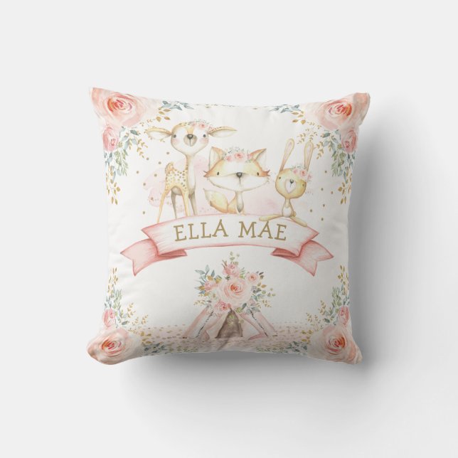 Feminine Blush Floral Tribal Boho Woodland Animals Cushion (Front)