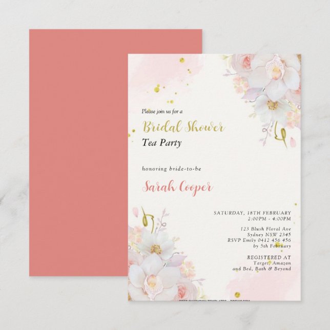Feminine Blush Gold Floral Bridal Shower Tea Party Invitation (Front/Back)